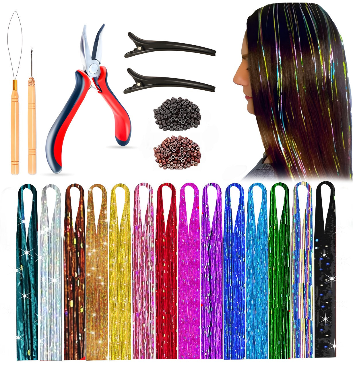 Andou | 14 colors | 3500 strands | heat resistant hair tinsel kit for girls, women