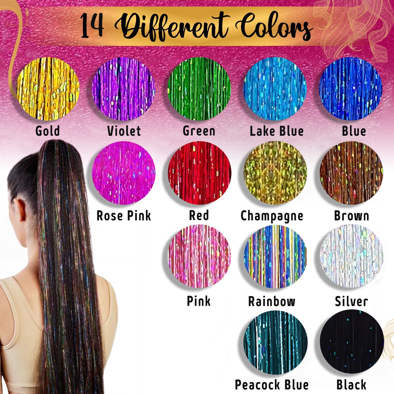 Andou | 14 colors | 3500 strands | heat resistant hair tinsel kit for girls, women