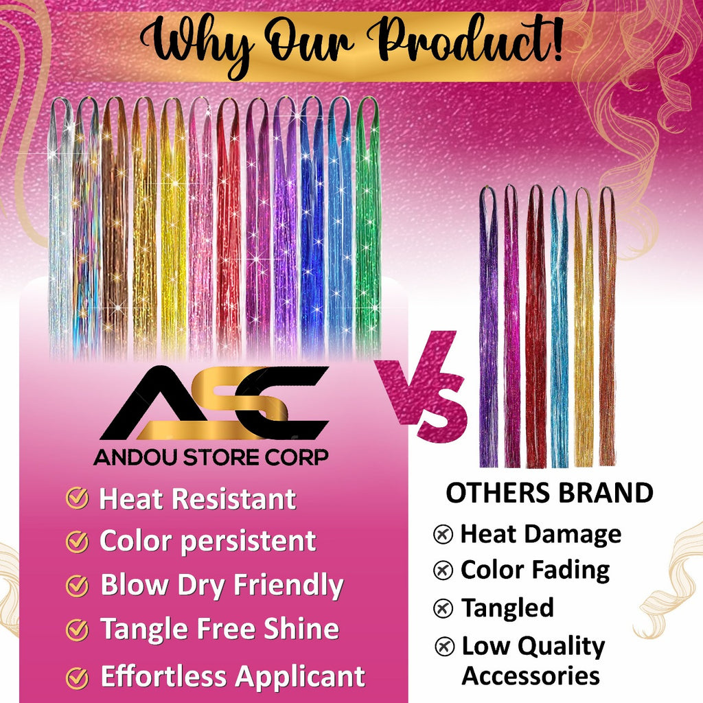 Andou | 14 colors | 3500 strands | heat resistant hair tinsel kit for girls, women