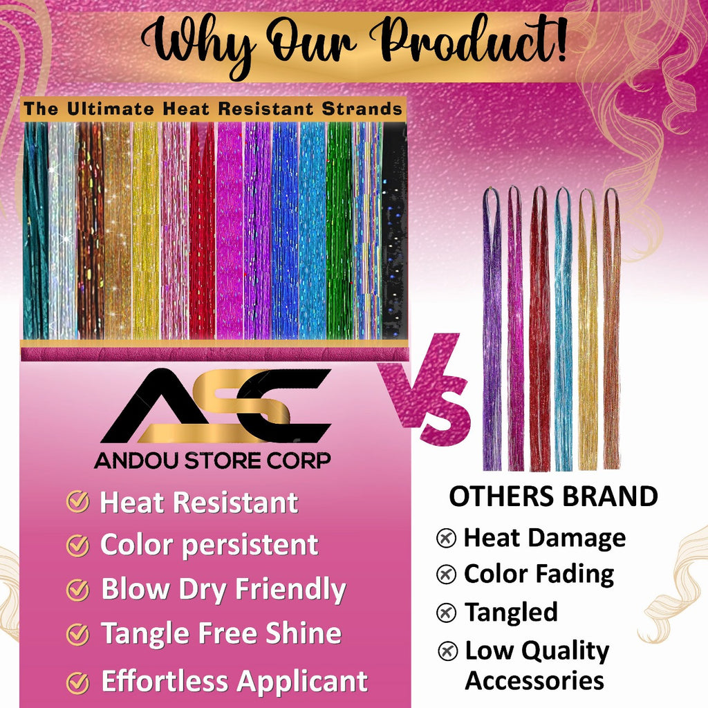 Andou | 14 colors | 3500 strands | heat resistant hair tinsel kit for girls, women